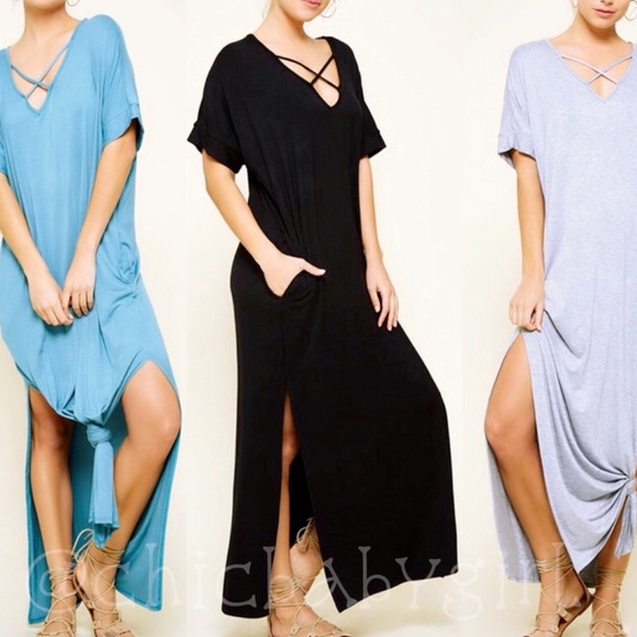 X-Cross Neck Detail Maxi Knit Dress Black - Picture 2 of 7